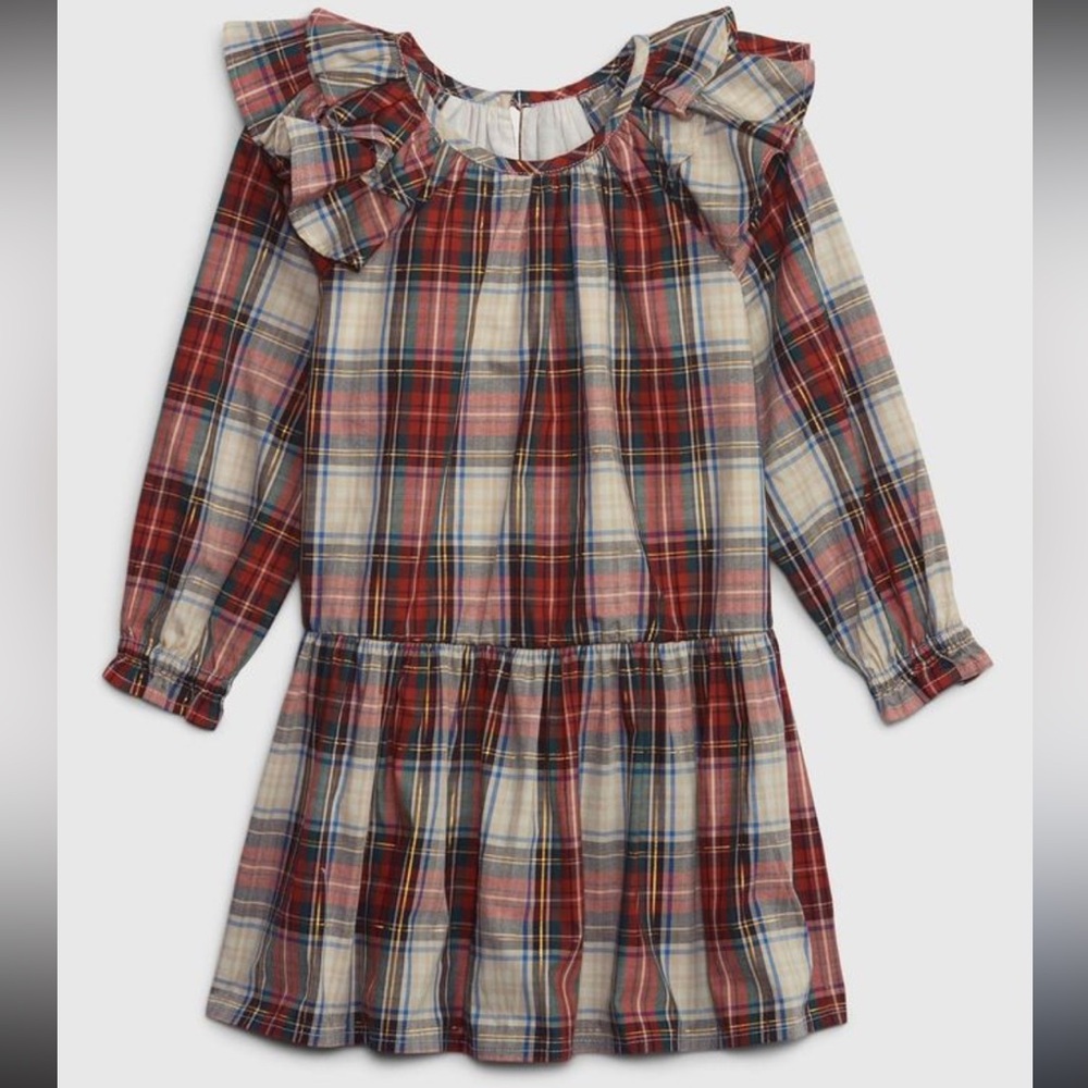 EUC 2T Toddler Plaid Long Sleeve Dress with Ruffle Shoulder
